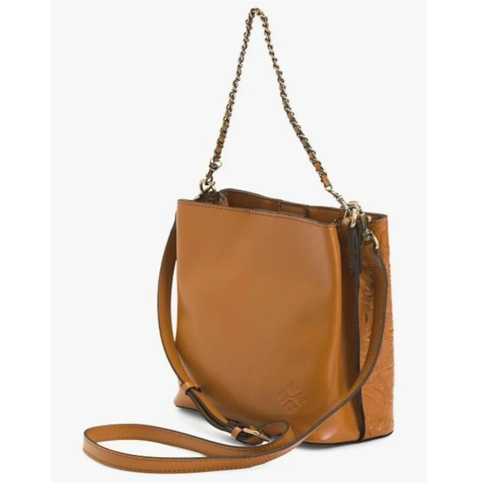 Patricia Nash Tan Tooled Leather Floral Crossbody Bag with Chain Handle